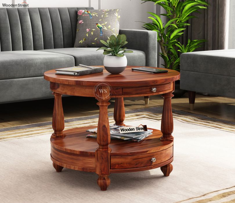 Front Image 1 - Alice Sheesham Wood Round Coffee Table with Drawers (Honey Finish)