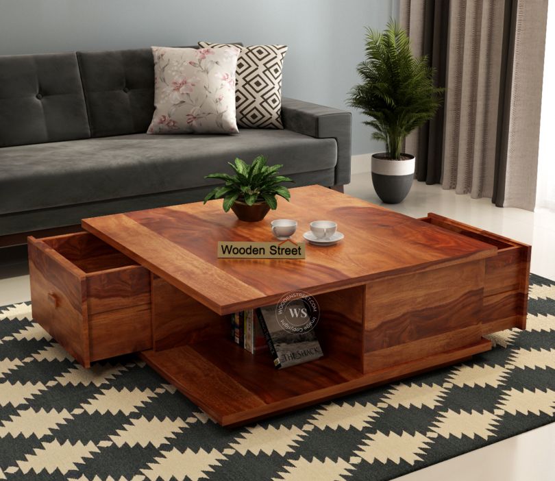 Front Image 1 - Hammond Sheesham Wood Coffee Table with Drawers & Open Storage (Honey Finish)