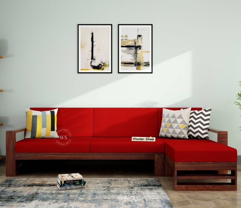 Front Image 1 - Ryker L-Shape Right Aligned Wooden Sofa (Walnut Finish, Dusky Rose)