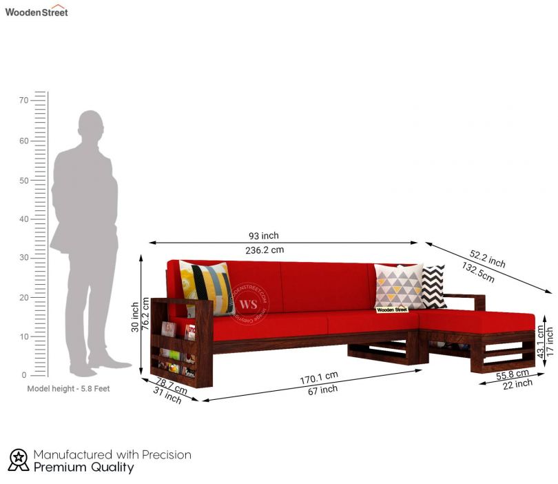 Dimension Image 1 - Ryker L-Shape Right Aligned Wooden Sofa (Walnut Finish, Dusky Rose)