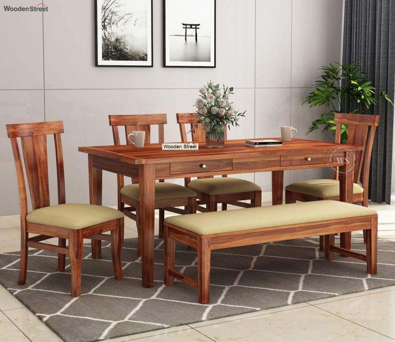 Front Image 1 - Mcbeth Storage 6 Seater Dining Table Set With Bench (Honey Finish)