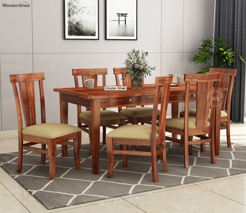 Front Image 1 - Mcbeth Sheesham Wood 6 Seater Dining Set with Drawer Storage (Honey Finish)