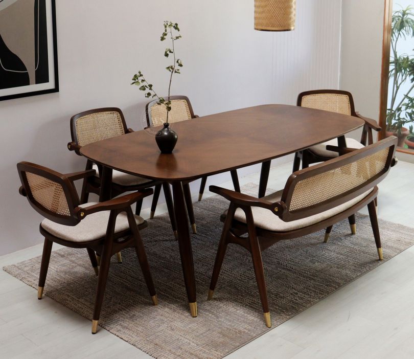 Front Image 1 - Aritva Teak Wood 6 seater Dining Table Set with Bench (Teak Finish)
