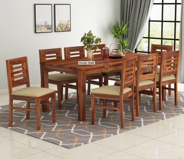 Janet 8 Seater Dining Table With Cushioned Chair In Honey Finish