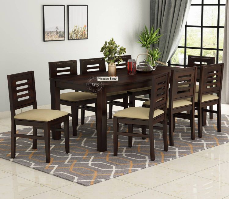 Janet 8 Seater Dining Table With Cushioned Chair In Walnut Finish