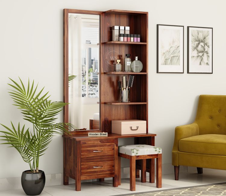 Edrina Sheesham Wood Dressing Table with Storage Drawers and Stool (Honey Finish) buy wooden dressing table design with price