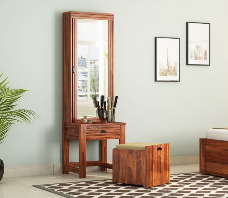 Felner Dressing Table with Stool and Storage (Honey Finish) Dresser and Stool - Felner Stylish Solid Wood Bedroom Dressing Table with Mirror and drawers