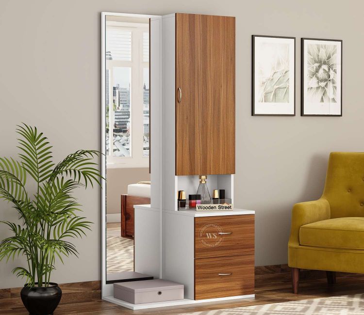 Selena Engineered Wood Dressing Table with Cabinet and Pull-Out Drawers (Exotic Teak Frosty White) Selena Engineered Wood Dressing Table with Cabinet and Pull-Out Drawers in Exotic Teak Frosty White