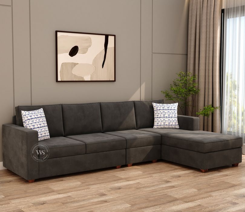 Ubuy Gray Velvet Sofa With Chaise Lounge Albus L-Shape Seater