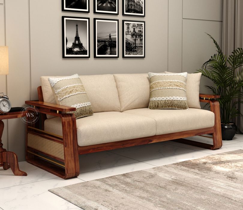 Vedic Seater Sheesham Wood Sofa With Cane and Brass Detailing (Teak Finish, Jade Ivory)