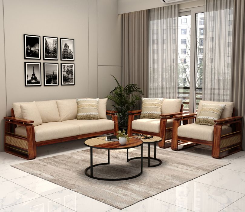 Buy Vedic 3+1+1 Sheesham Wood Sofa Set With Cane and Brass