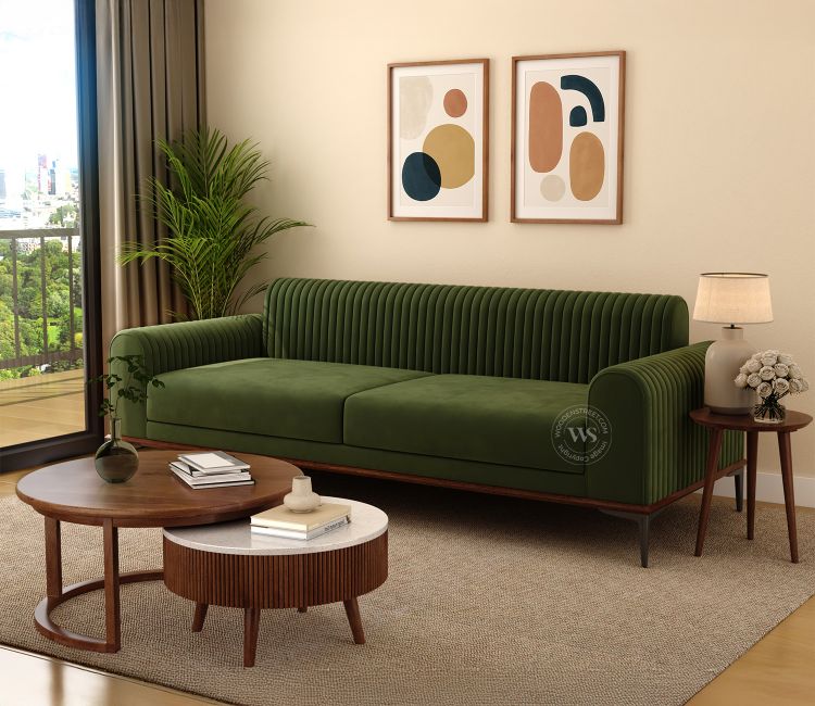 Lorenz 3 Seater Sofa (Velvet, Dark Olive Green) buy 3 Seater Sofa Set online price | Fabric sofa design for hall