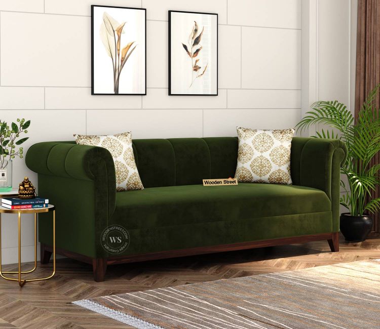 Arbor 3 Seater Sofa (Velvet, Dark Olive Green) 3 seater sofa online india, buy three seater Velvet Fabric Sofa Set online price