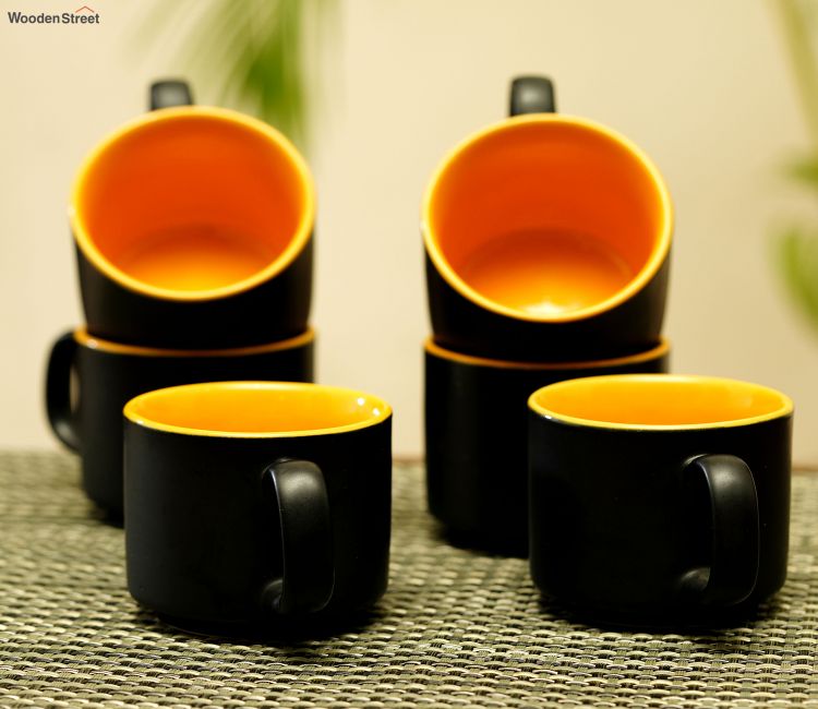 Black and Yellow Hand Painted Studio Pottery Tea Cups - Set of 6 premium tea cup and saucer set of 6 online in bangalore, mumbai