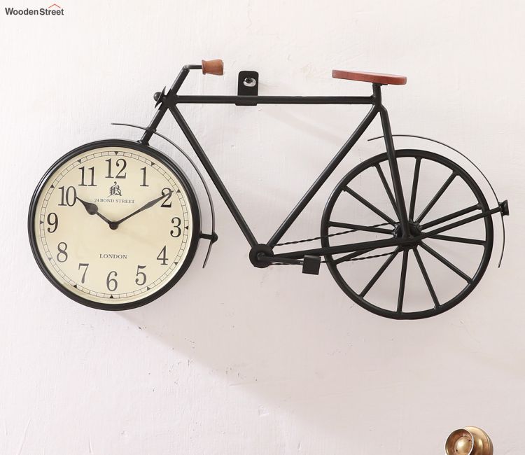 Timestamp Cycle Shaped Black Analog Wall Clock with Wooden Seat and Handle