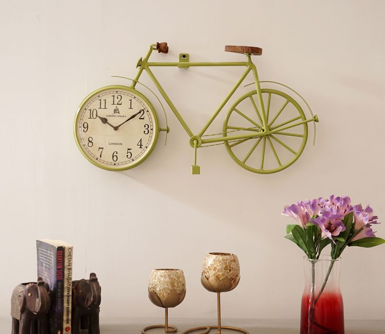 Timestamp Cycle Shaped 58 cm Green Analog Wall Clock with Wooden Seat and Handle