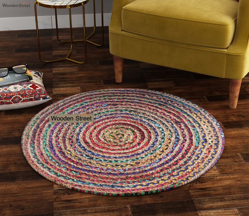 Front Image 1 - Patchwork Ripple Jute Chindi Braided Round Rug - 3 x 3 Feet