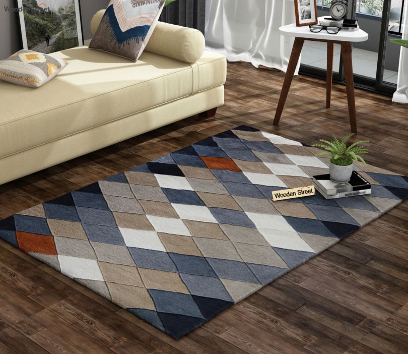 Front Image 1 - Rhombus Geometric Pattern Hand Tufted Woolen Carpet - 6 x 4 Feet