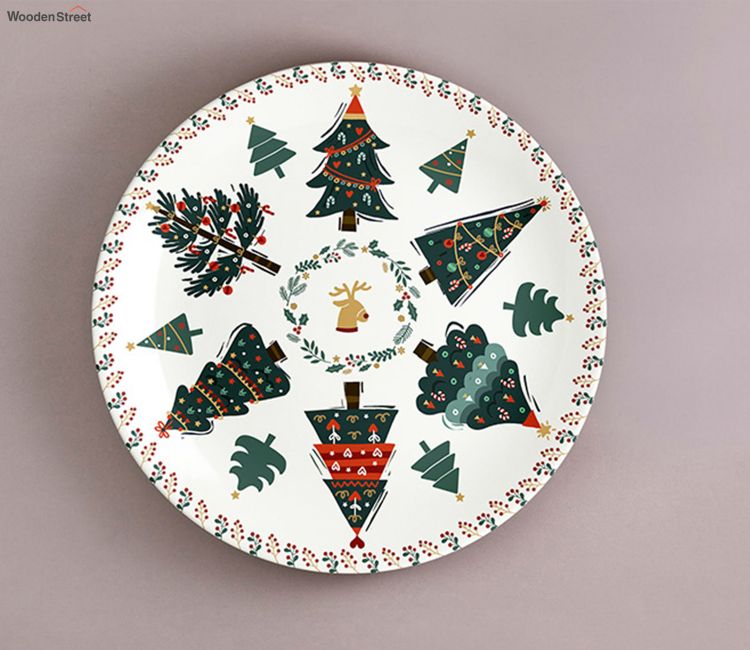White Christmas Tree and Raindeer Ceramic Decorative Wall Plate - 8 inch White Christmas Tree and Raindeer Ceramic Decorative Wall Plate - 8 inch