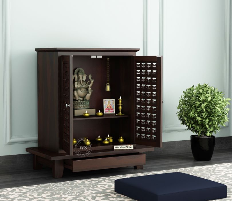 Front Image 1 - Bhagwati Premium Solid Wood Home Temple With Intricate Carving Doors & Spacious Drawer For Ample Storage (Walnut Finish)