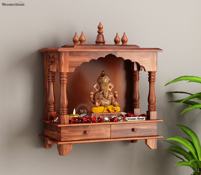 Front Image 1 - Itiha Solid Wood Wall Mounted Pooja Mandir with Intricate Carvings (Honey Finish)