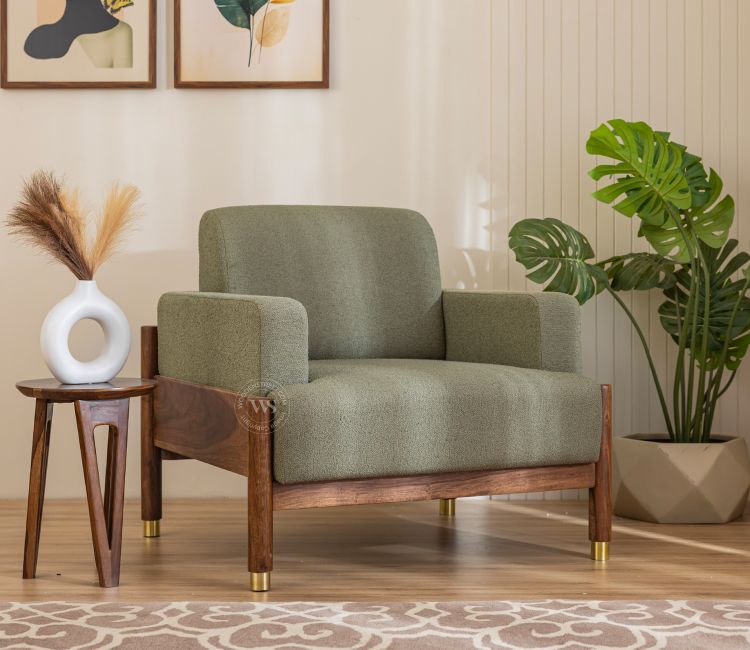 Kairav Modern 1 Seater Wooden Sofa with Premium Upholstery (Green Upholstery)