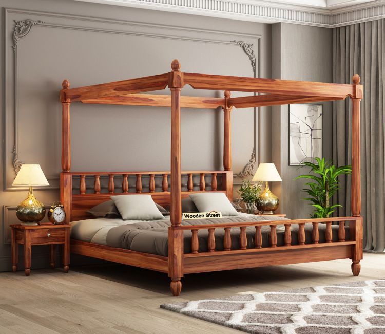 Allure Poster Bed Without Storage (King Size, Honey Finish) Allure double bed design photo