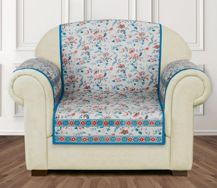 Floral Pattern Cotton Sofa Cover 1 Seater (Blue) 1 seater sofa cover | single seat couch protector online in delhi, pune