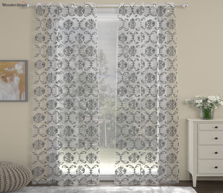 Embroidered Polyester Sheer Door Curtain - 1 Piece (7 Feet, Silver) Sheer Curtains Online - Embroidered Polyester Sheer Door Curtain in Silver Colour, 7 Feet - Set of 1