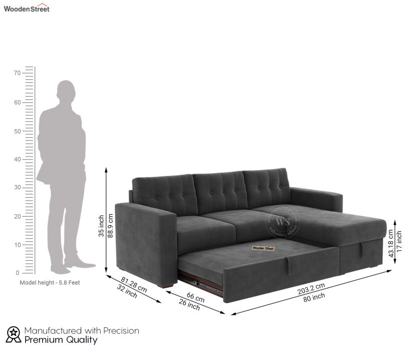 Dimension Image 1 - Alfonso Right Aligned Convertible Sofa Cum Bed (Velvet, Graphite Grey)