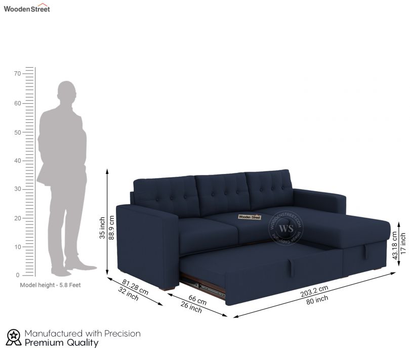 Dimension Image 1 - Alfonso Right Aligned Convertible Sofa Cum Bed (Cotton, Indigo Ink)