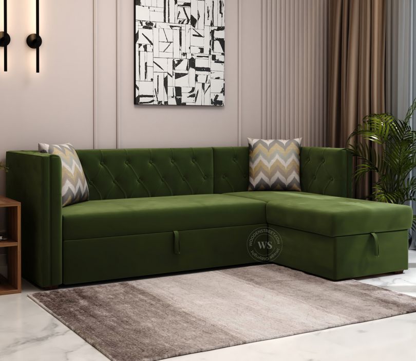 Front Image 1 - Berlin Right Aligned Convertible Sofa Cum Bed with Storage (Velvet, Dark Olive Green)