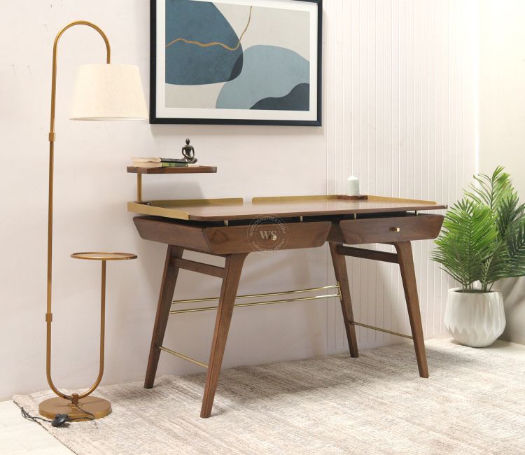 Braiden Teak Wood Study Table With Brass Accents (Teak Finish)