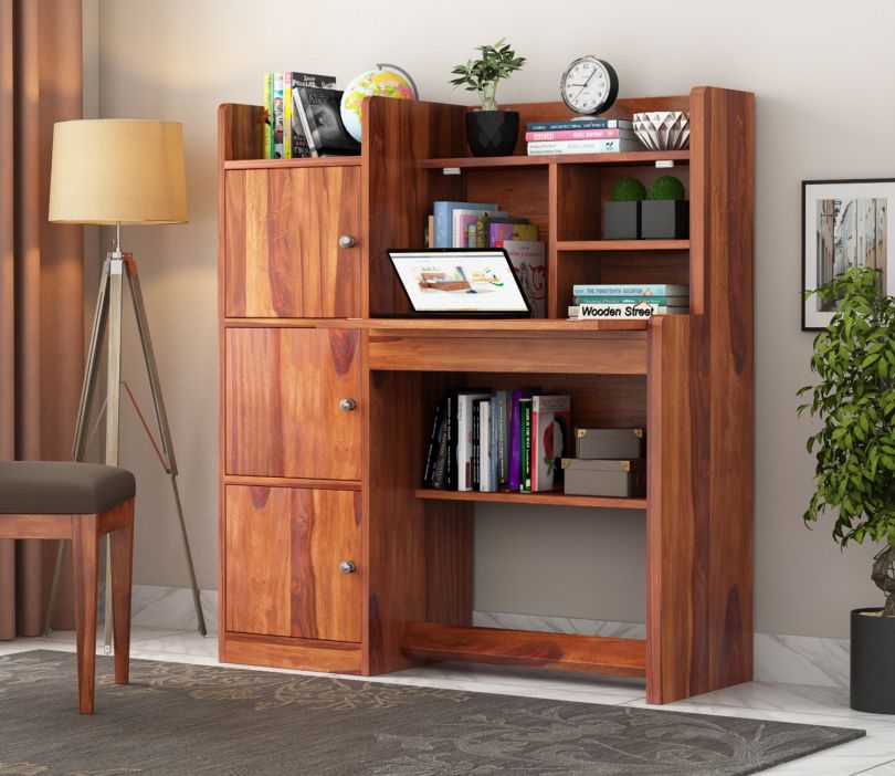 Front Image 1 - Candy Sheesham Wood Study Table with Three Cabinets & Open Shelves (Honey Finish)