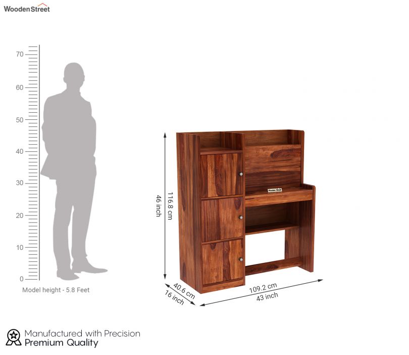 Dimension Image 1 - Candy Sheesham Wood Study Table with Three Cabinets & Open Shelves (Honey Finish)
