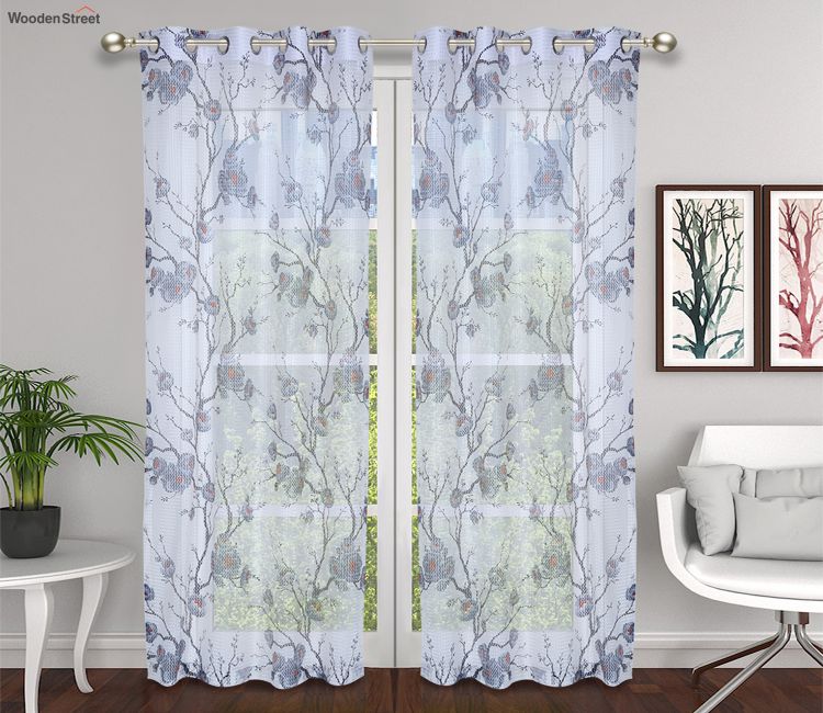 Floral Tissue Lightweight Semisheer Door Curtain - Set of 2 (Grey, 9 Feet) sheer curtains for decoration