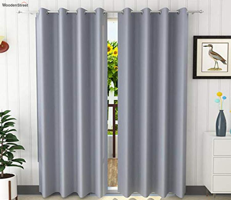 Solid Polyester Room Darkening Blackout Door Curtain - Set of 2 (Grey, 8 Feet) Solid Polyester Room Darkening Blackout Door Curtain - Set of 2 (Grey, 8 Feet)