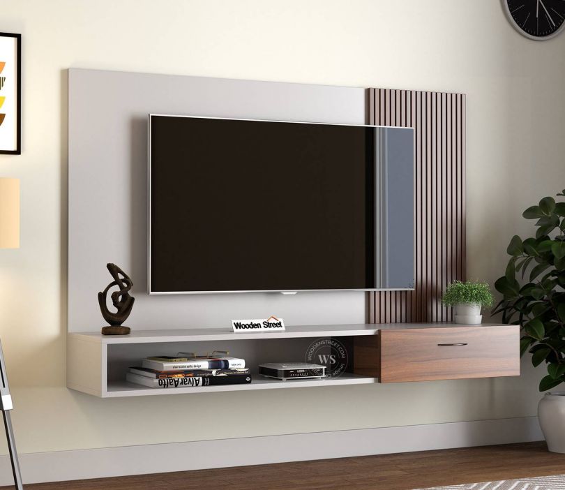 Front Image 1 - Caden Engineered Wood Wall-Mounted Tv Unit with Open Shelves (Exotic Teak Frosty White)