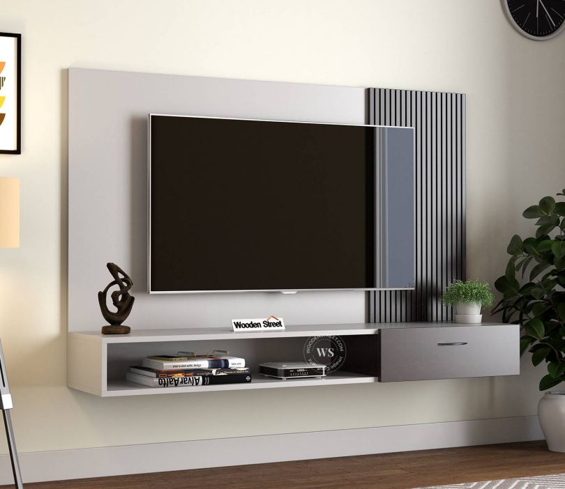 Front Image 1 - Caden Engineered Wood Wall-Mounted Tv Unit with Open Shelves (Flowery Wenge Frosty White)