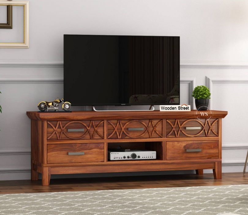 Front Image 1 - Allan Sheesham Wood Tv Unit with Five Pull Out Drawers (Honey Finish)