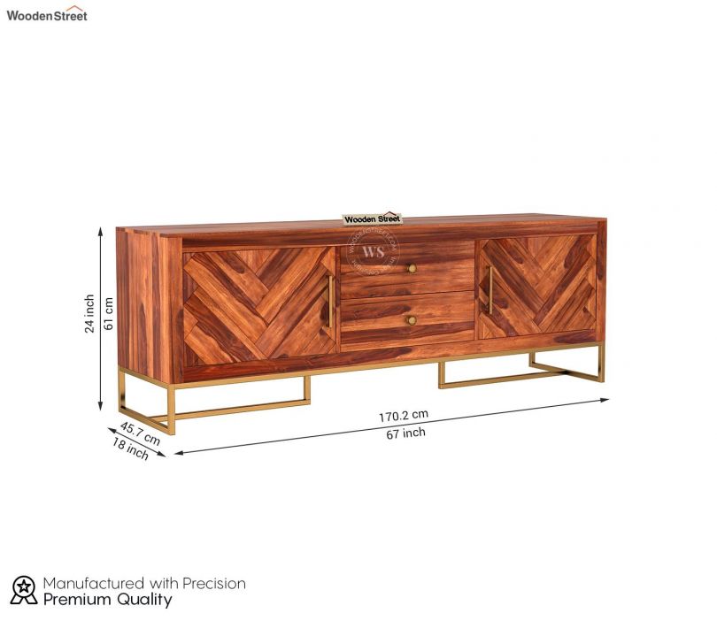 Dimension Image 1 - Jett Metal Base Sheesham Wood Tv Unit with Drawers and Cabinets (Honey Finish)