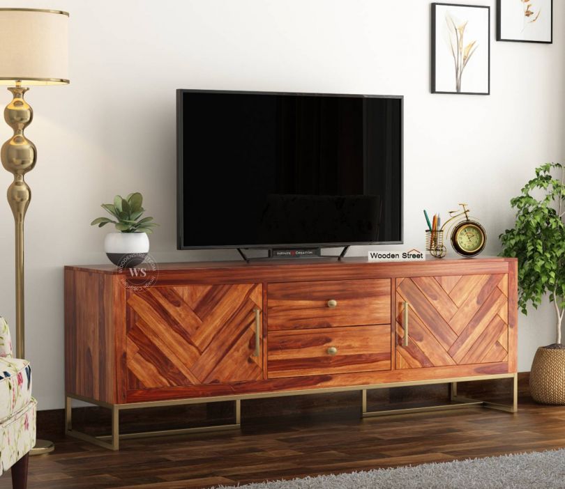 Front Image 1 - Jett Metal Base Sheesham Wood Tv Unit with Drawers and Cabinets (Honey Finish)