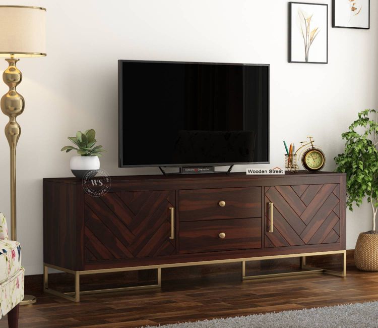 Jett Metal Base Sheesham Wood Tv Unit with Drawers and Cabinets (Walnut Finish) Shop Online TV Cabinet for 50 inch TV in Hyderabad