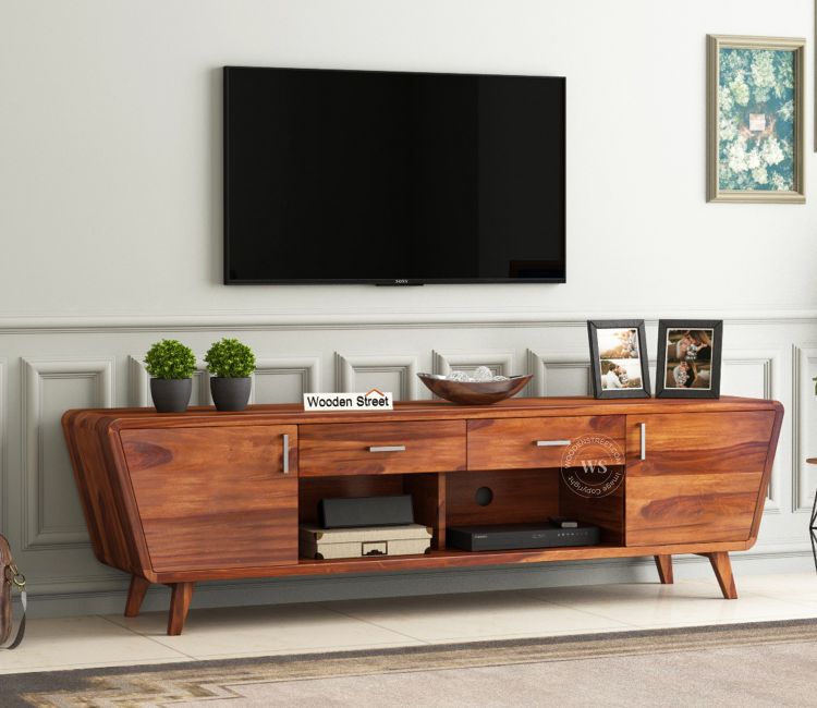 Melvina Sheesham Wood Tv Unit with Cupboards Drawers (Honey Finish)