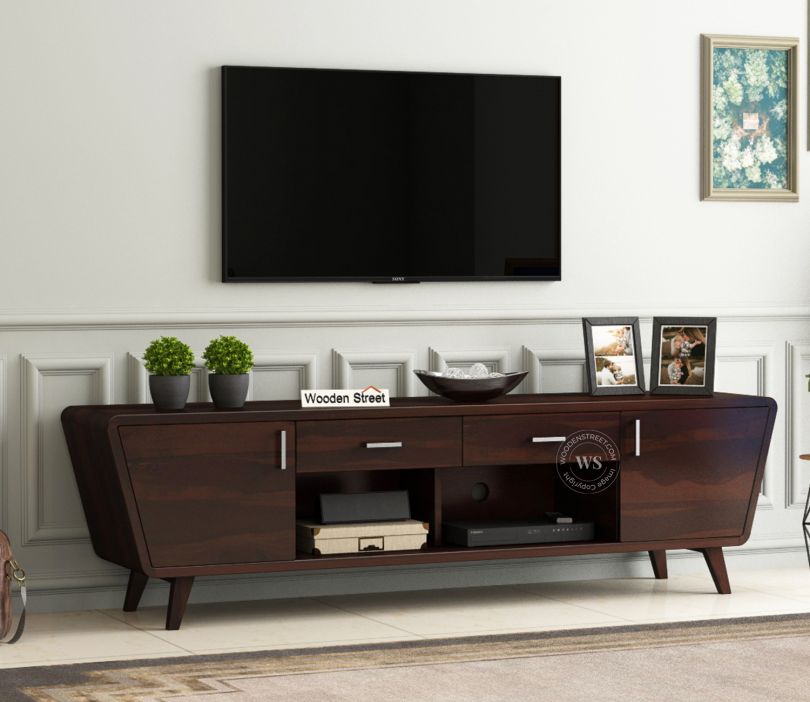 Front Image 1 - Melvina Sheesham Wood Tv Unit with Cupboards Drawers and Shelve Storage (Walnut Finish)