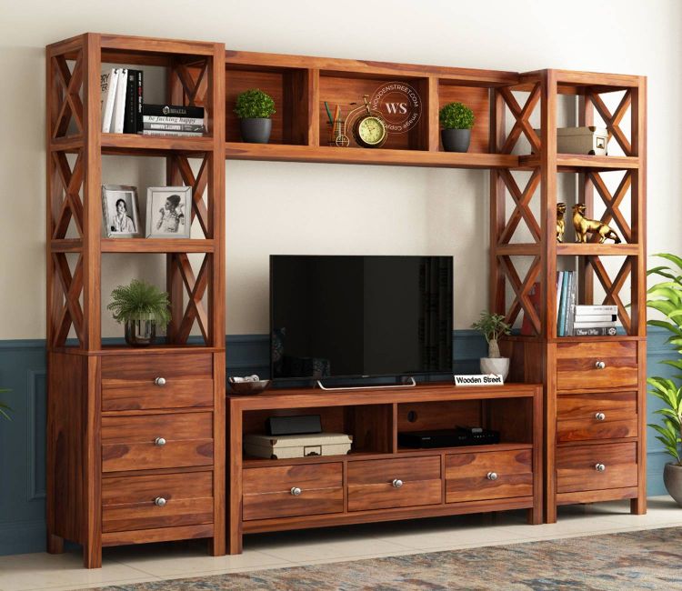 Pippin Tv Unit (Honey Finish) LED TV Showcase for Hall | wall tv unit design | tv wall mount stand | tv stand for wall