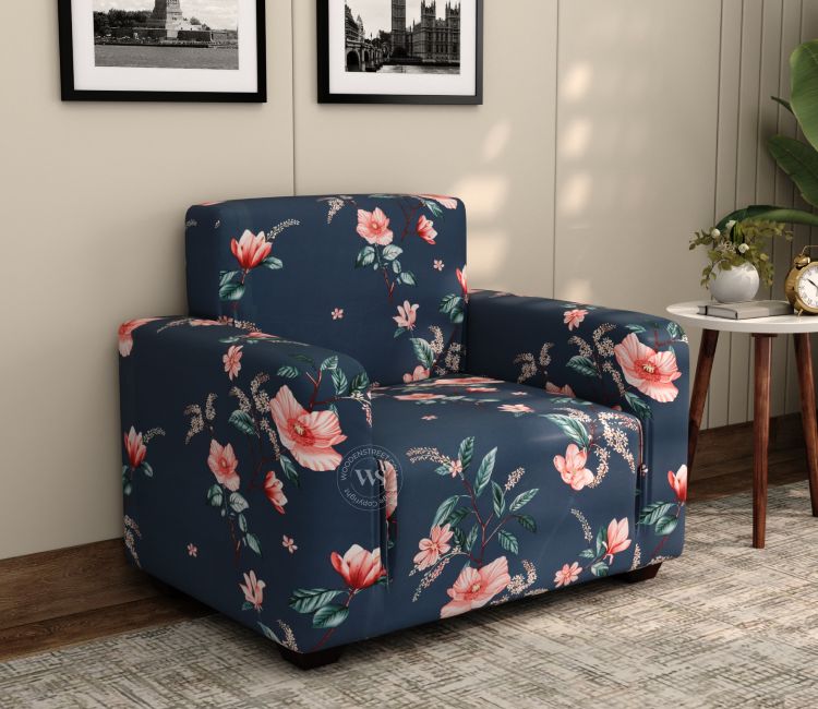 Flaubert Floral Printed Polyester Spandex 1 Seater Sofa Cover (Blue) Sofa covers Online - Buy 3 seater sofa cover