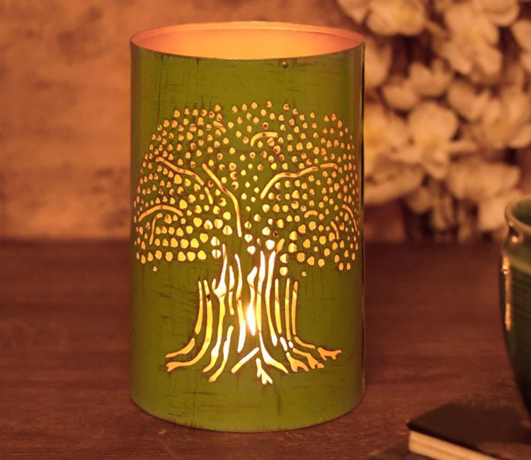 Metallic Tree Of Life Shadow Candle Tea Light Holder Kilim Wooden Tray With Storage