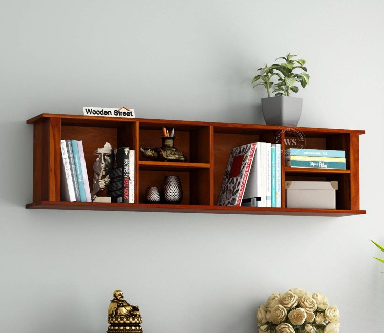 Tia Wall Shelf (Honey Finish) Tia Wall Shelf for living room | open storage wall shelf at low price