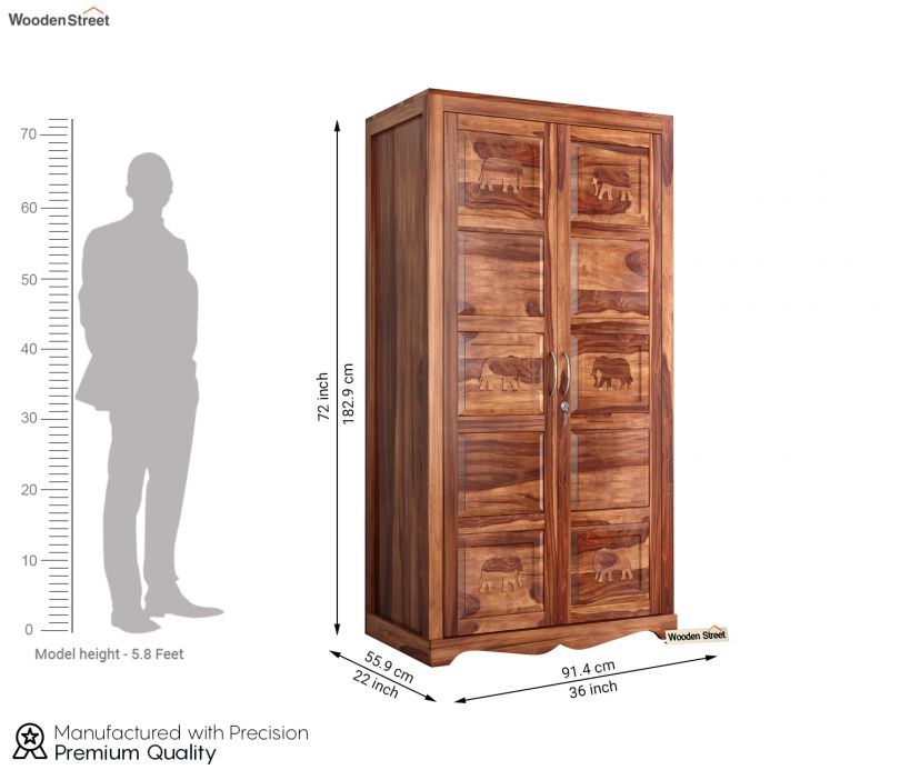 Dimension Image 1 - Emboss 2 Door Multi Utility Wooden Wardrobe (Honey Finish)